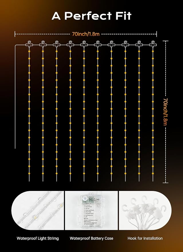 Brightown 180 LED Shower Curtain Lights, 70 Inch Warm White Fairy Lights - Image 2