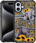 for iPhone 16 Plus Case, Cute Little Elephant Sunflower White Line Art Pattern by FKBRCL4U