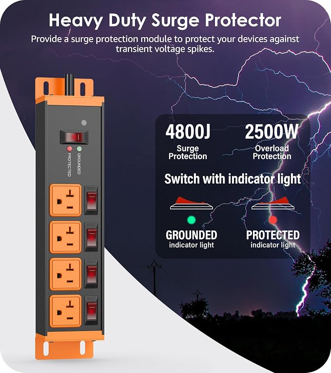 CCCEI Heavy Duty Surge Protector Power Strip 20 Amp Individual Switches. 15FT - Image 2