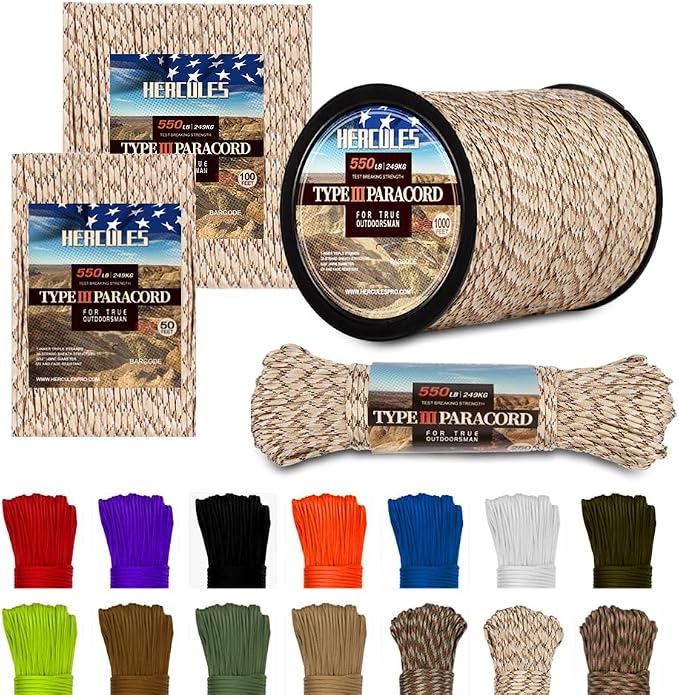 HERCULES Type III Paracord 550 Paracord Rope Parachute Cord, Survival Cord by HERCULES