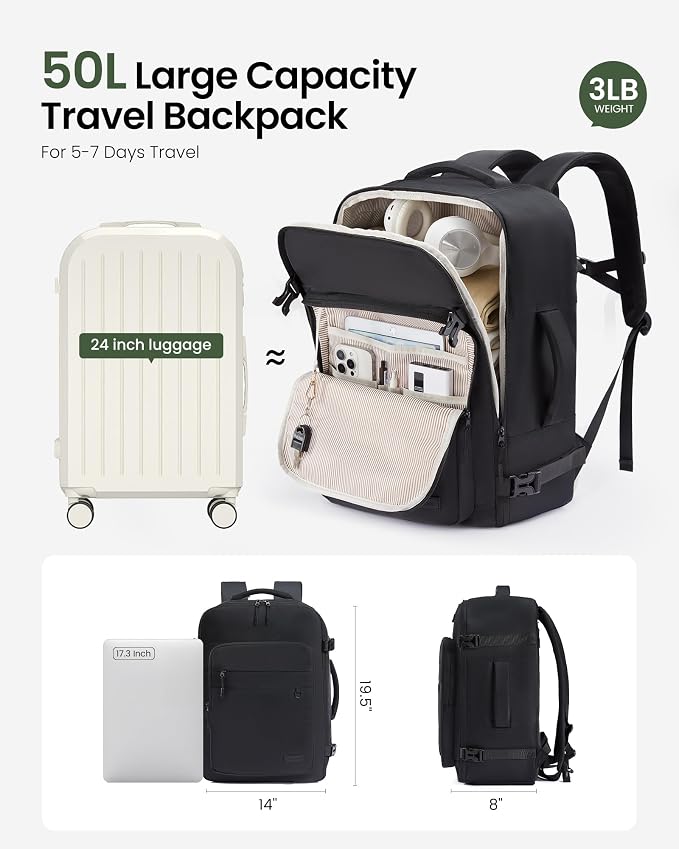 LOVEVOOK 50L Carry on Backpack, Large 17 Inch Travel Backpack - Image 3
