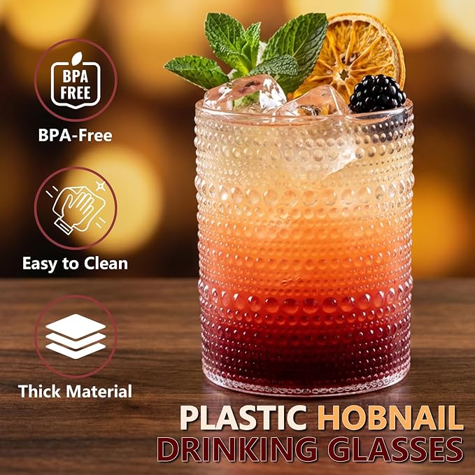 YOUBET 24PCS Plastic Hobnail Drinking Glasses - 14 Oz Clear Vintage Glasses - Image 3