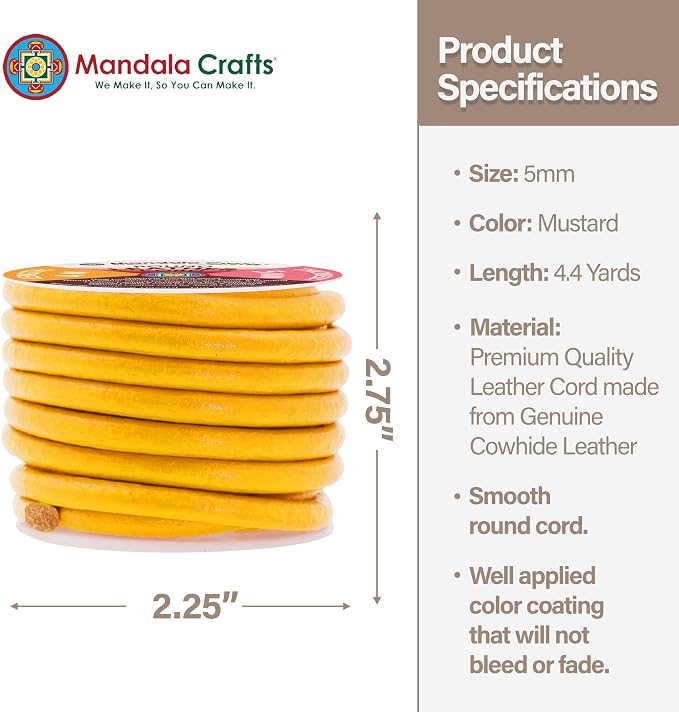 Mandala Crafts Round Genuine Mustard Yellow Leather Cord - Image 4