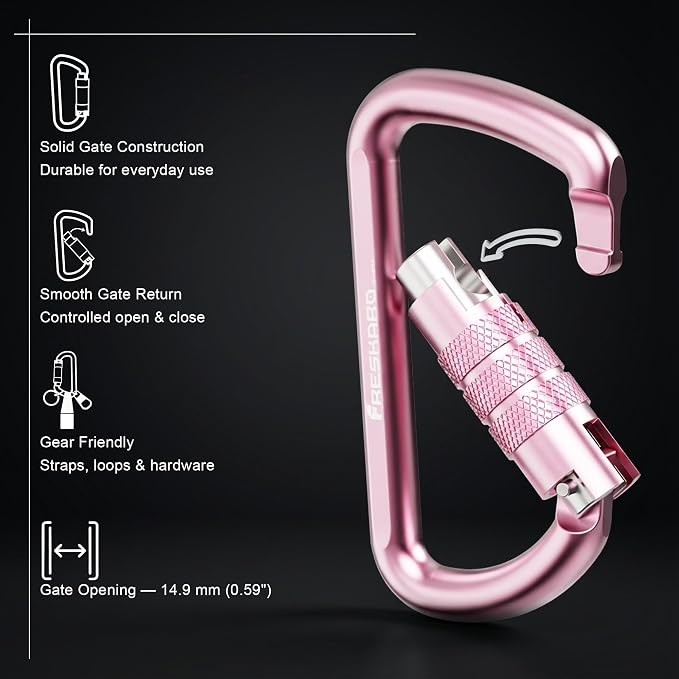 FresKaro 3inch 12kN-2698lbs Auto Locking Carabiner Clips, Solid D Shape - Image 3