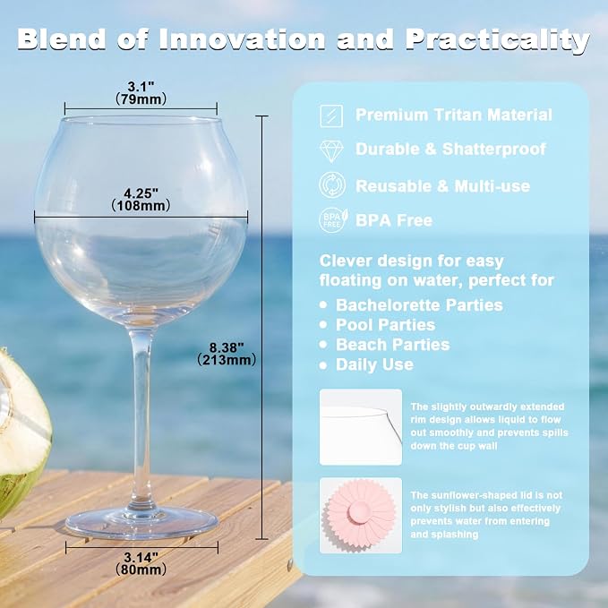 Goodluck Floating Pool Wine Glasses Set of 4, 18oz Tritan Shatterproof Stemware - Image 3
