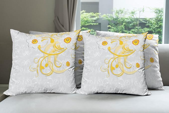 Ambesonne Daffodil Throw Pillow Cushion Case Pack of 4, Daffodils on Ornate by Ambesonne