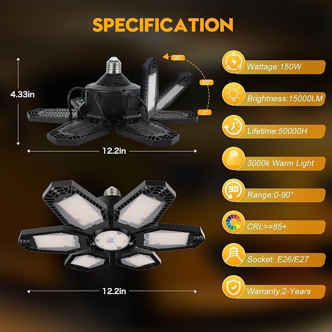 TANBABY 2 Pack LED Garage Lights, 150W Deformable Garage Light Bulb, Total - Image 6