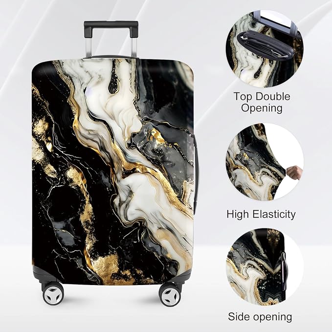 ANNA QUEEN Black White Gold Marble Luggage Cover- Stretchable, Water Resistant - Image 2