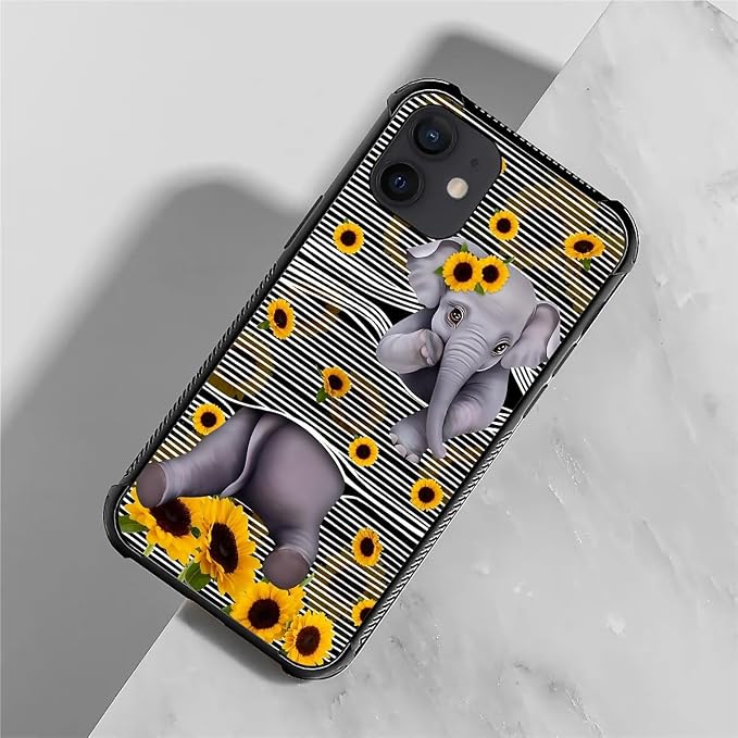 for iPhone 12/12 Pro Case, Cute Little Elephant Sunflower White Line Art - Image 7