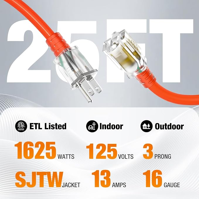25 FT Outdoor Extension Cord Waterproof, 16/3 Gauge Heavy Duty 3 Prong Power - Image 2