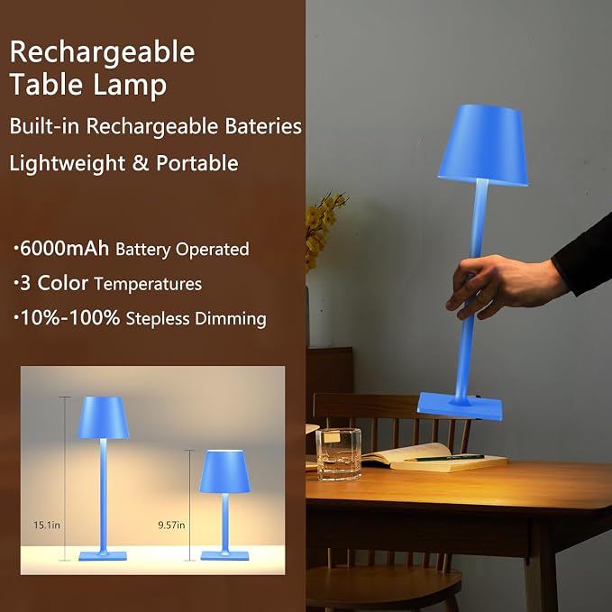 Yogaret Blue Cordless Table Lamp Set of 2, Indoor/Outdoor Table Lamp - Image 2