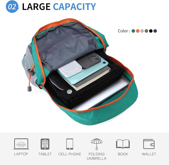 Hiking Daypack Packable, Camping Backpack Water Resistant Lightweight Polyester - Image 3