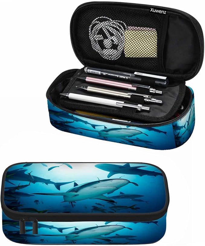 Sharks Pencil Case Organizer Ocean Sea Fish Light Blue Stationery Box Makeup by Unknown