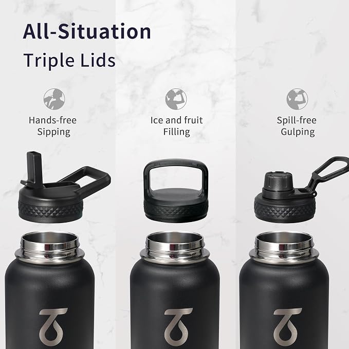 Trebo 40oz Water Bottle with 3 Lid and handle, Vacuum Insulated Stainless Steel - Image 3