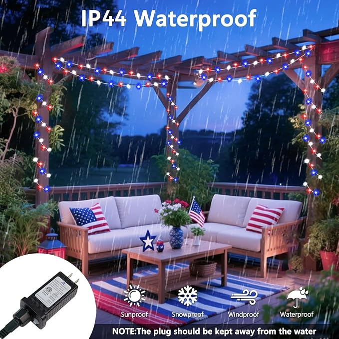 4th of July Red White and Blue Lights, Connectable 200 LED 66FT String Lights - Image 6