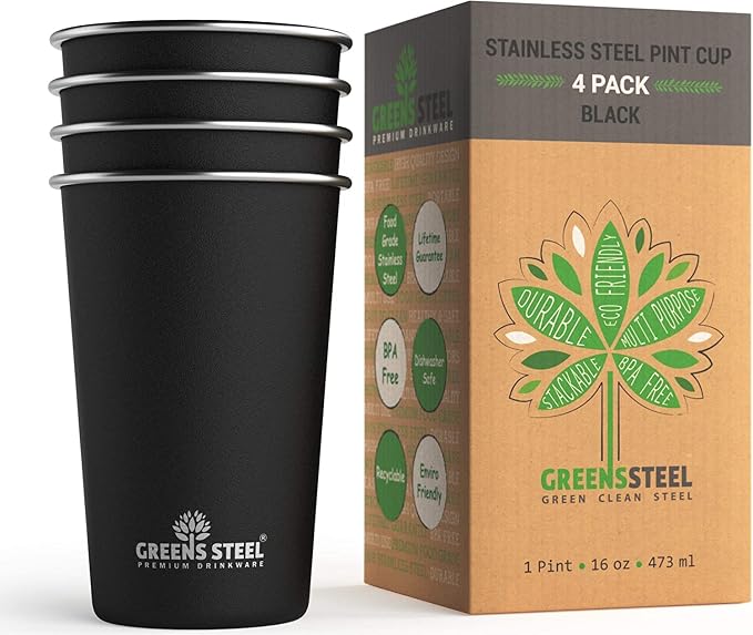 Stainless Steel Cups - 16 oz Pint Tumbler - Premium Metal Drinking Glasses | by GreensSteel
