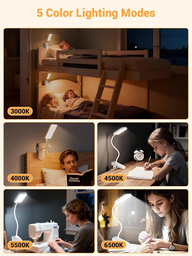 Clip on Lamp, 9 Brightness+5 Color Clamp Light, 4000mAh Battery Rechargeable - Image 6
