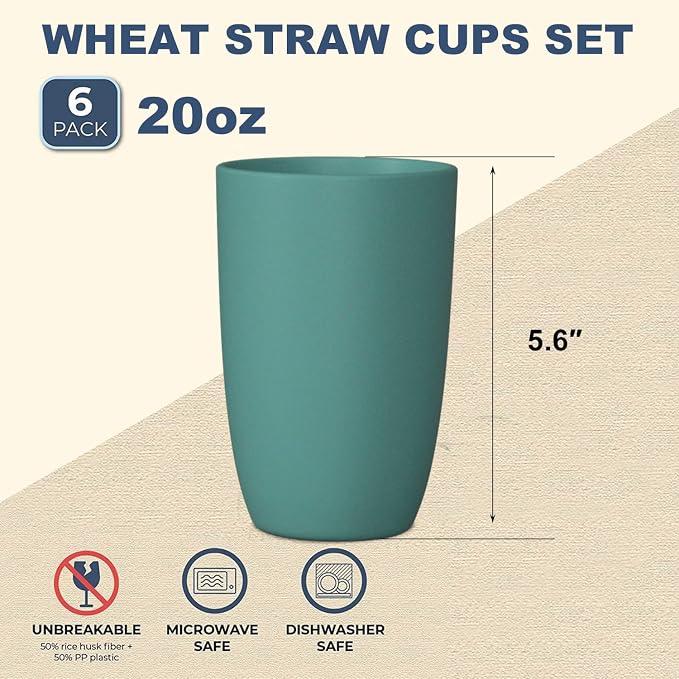 Wrova Wheat Straw Cups 6 PCS Good Alternative to Plastic Reusable Cups 20 oz - Image 2