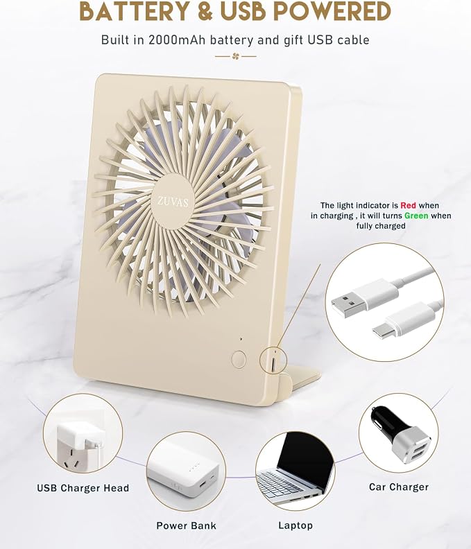 Zuvas Desk Fan Battery Operated Fan Rechargeable 180°Tilt Folding Personal Fan - Image 4
