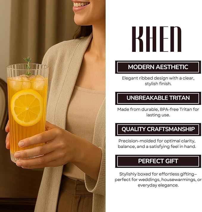 Khen Plastic Acrylic Ribbed Drinking Glasses – Set of 2 Clear 11.8oz Tritan - Image 6