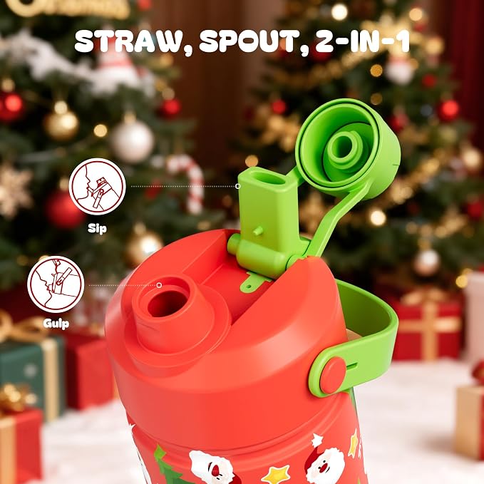 12 oz Kids Christmas Insulated Water Bottle: 2-in-1 Straw Spout Lid, Keep Cold - Image 4