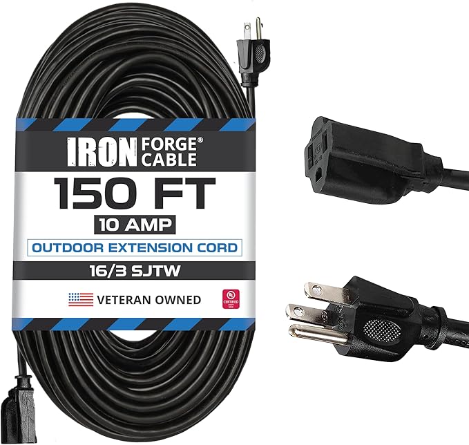 Iron Forge Cable 150 Ft Black Extension Cord, 150 Foot Extension Cord, 3 Prong by IronForgeCable