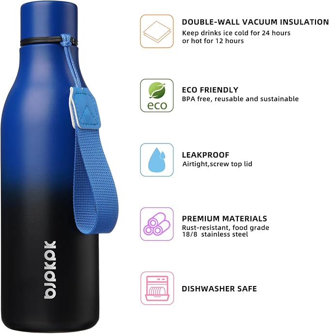 BJPKPK Insulated Water Bottle, 18 oz Stainless Steel | Leak Proof | Blue Black - Image 2