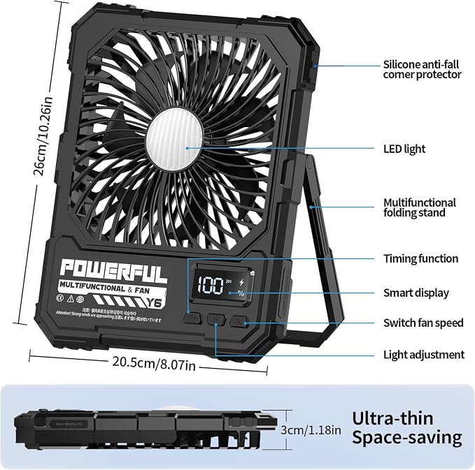 yAyusi 20000mAh Battery Powered Portable Travel Fan, Ultra-Slim 8Inch - Image 4