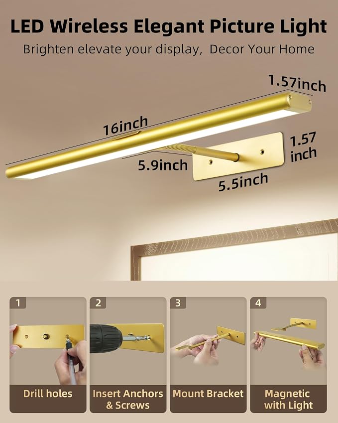 EZVALO Picture Light for Wall, 4800mAh Rechargeable Wireless Remote, 16in - Image 5