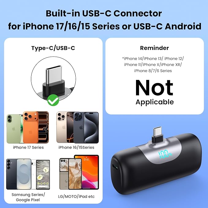 Mini Portable Charger for iPhone 17/16, 5500mAh LCD Display USB C Power Bank - Image 2