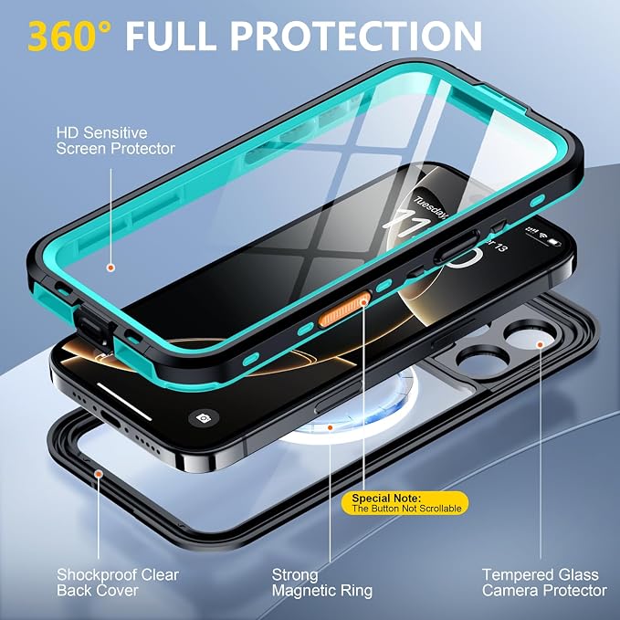 Red2Fire for iPhone 16 Pro Case Waterproof, Phone Case 6.3" Blue/Clear - Image 4