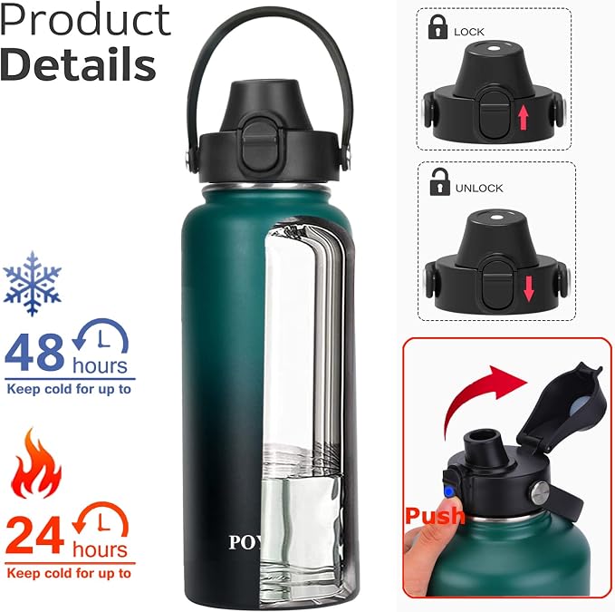 Water Bottle Insulated 32oz 40oz 64oz 128oz Straw Lid Spout Lid & 3 Lids - Image 2