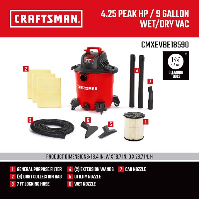 CRAFTSMAN CMXEVBE18590 9 Gallon 4.25 Peak HP Wet Dry Vac, Portable Shop Vacuum - Image 3