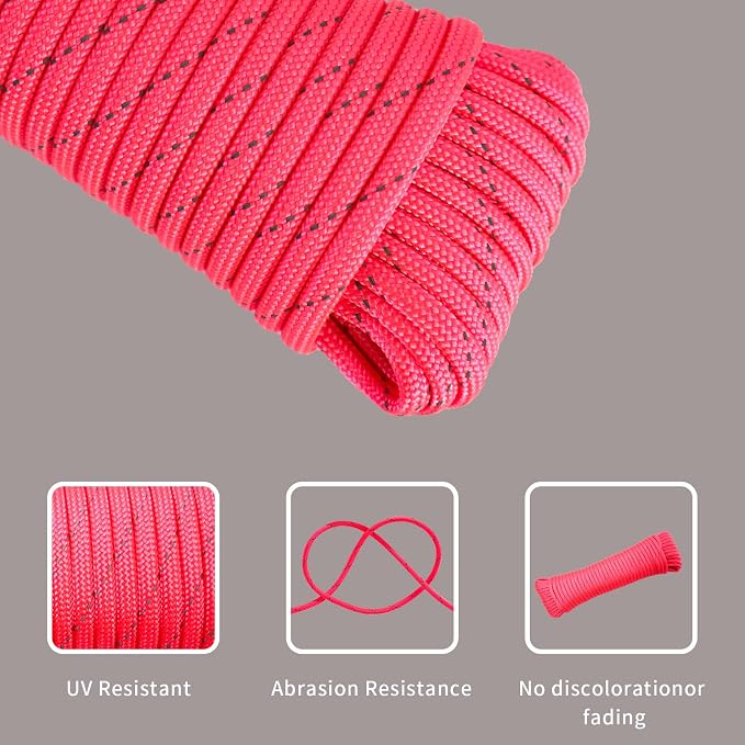 Paracord Rope, Reflective III Parachute Cord 7 Strand Core 550lb, 50ft Pink - Image 3