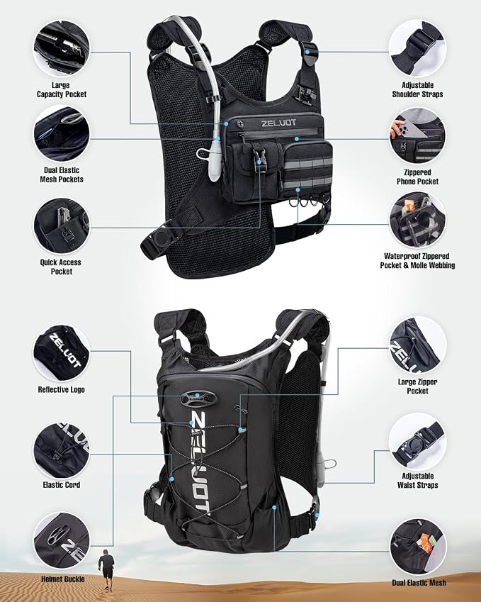 Zelvot Running Vest with 2L Water Bladder, 12L Hydration Backpack with Gear - Image 6