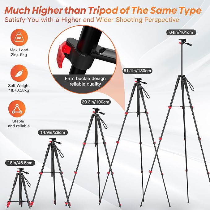 65" Phone Tripod Stand, Tripod for iPhone & Camera - Image 3