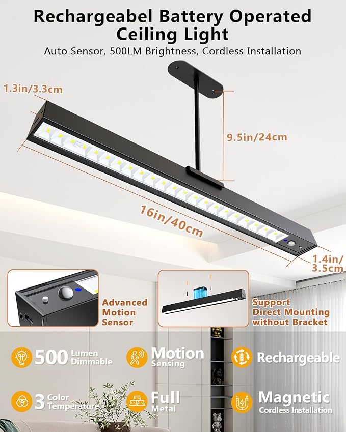 Rechargeable Motion Sensor Ceiling Light, Full Metal Pendant Lights, Battery - Image 2