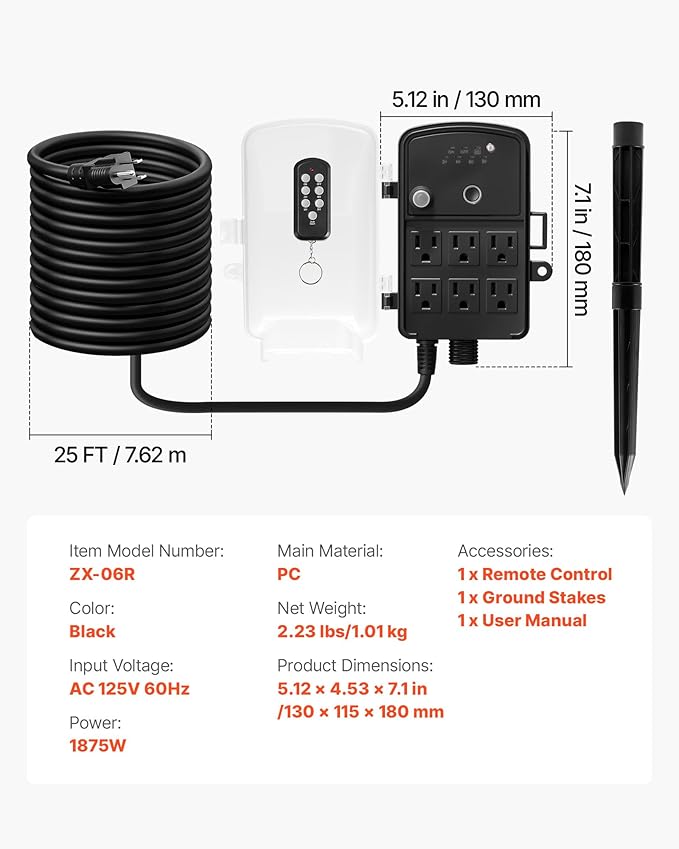 VEVOR Outdoor Power Stake Timer, 25FT Extension Cord, Remote Control Outdoor - Image 7