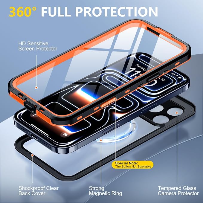 Red2Fire for iPhone 17 Pro Case Waterproof, Phone Case 6.3" Orange/Clear - Image 5