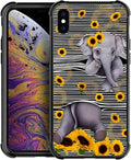 for iPhone Xs Max Case, Cute Little Elephant Sunflower White Line Art Pattern by FKBRCL4U