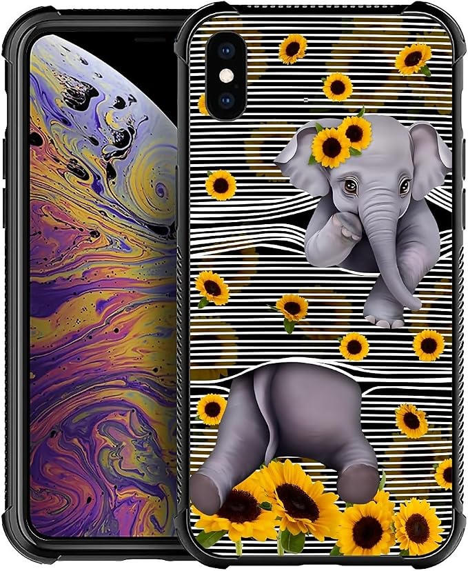for iPhone Xs Max Case, Cute Little Elephant Sunflower White Line Art Pattern by FKBRCL4U