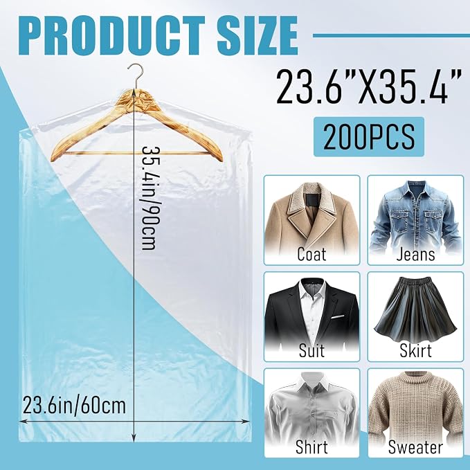 200 Pack Dry Cleaning Garment Bags, 23.6 x 35.4 Inch Clear Plastic Dry Cleaners - Image 2