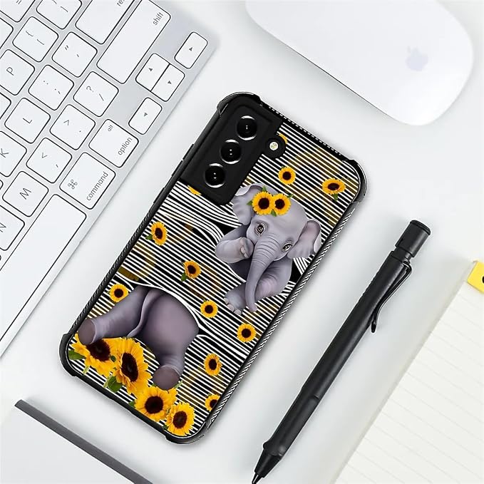 for Samsung Galaxy S22 Case, Cute Little Elephant Sunflower White Line Art - Image 7