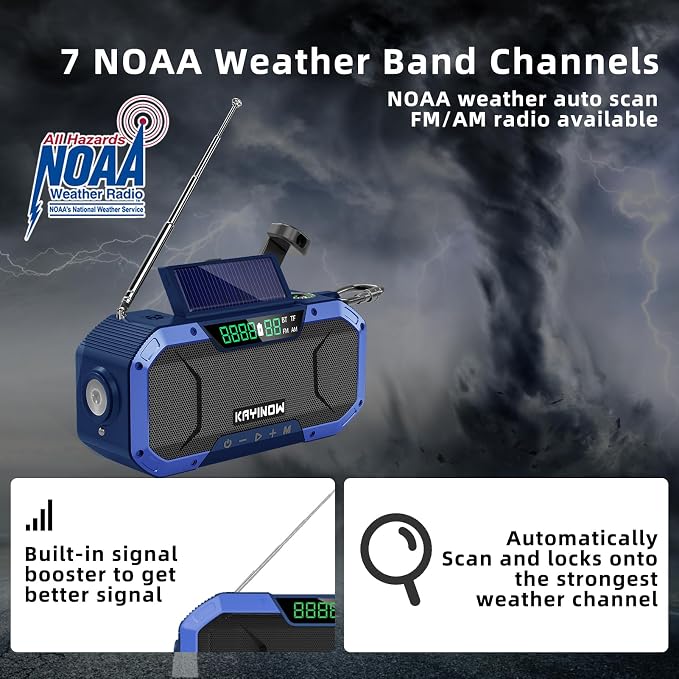 KAYINOW Emergency NOAA Weather Radio, Solar Hand Crank FM AM Radio - Image 2