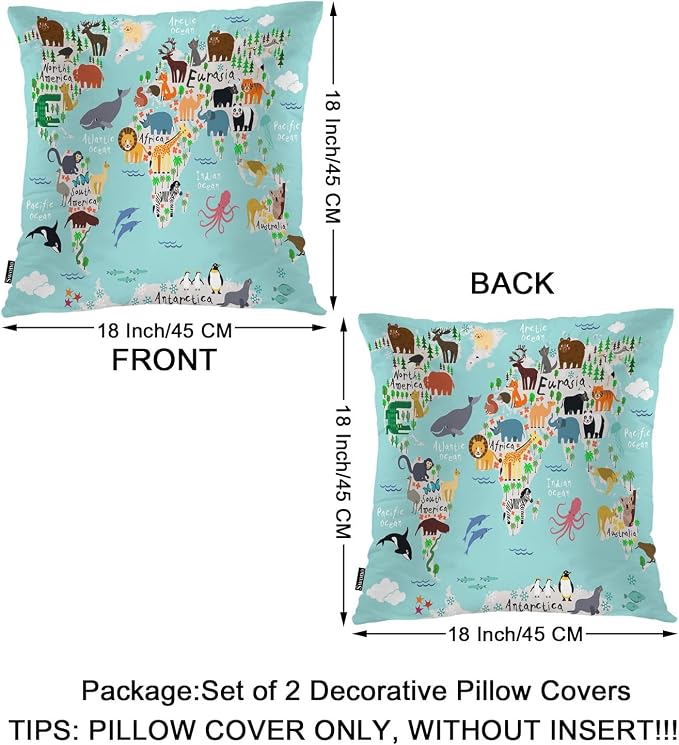 Swono World Map Throw Pillow Covers, Cartoon Forests Animal Map of The World - Image 6