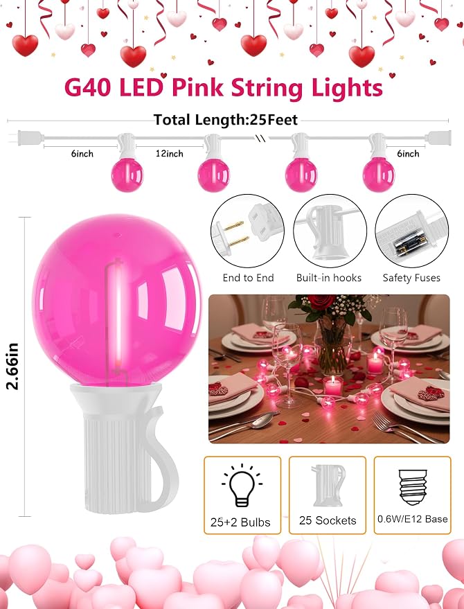 25FT G40 LED Outdoor Valentine's Day String Lights, Hanging Patio Lights - Image 2