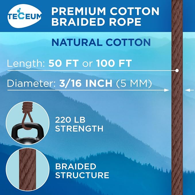 TECEUM Cotton Rope 3/16” – 50 FT – Strong All-Purpose Braided Rope – Natural - Image 2