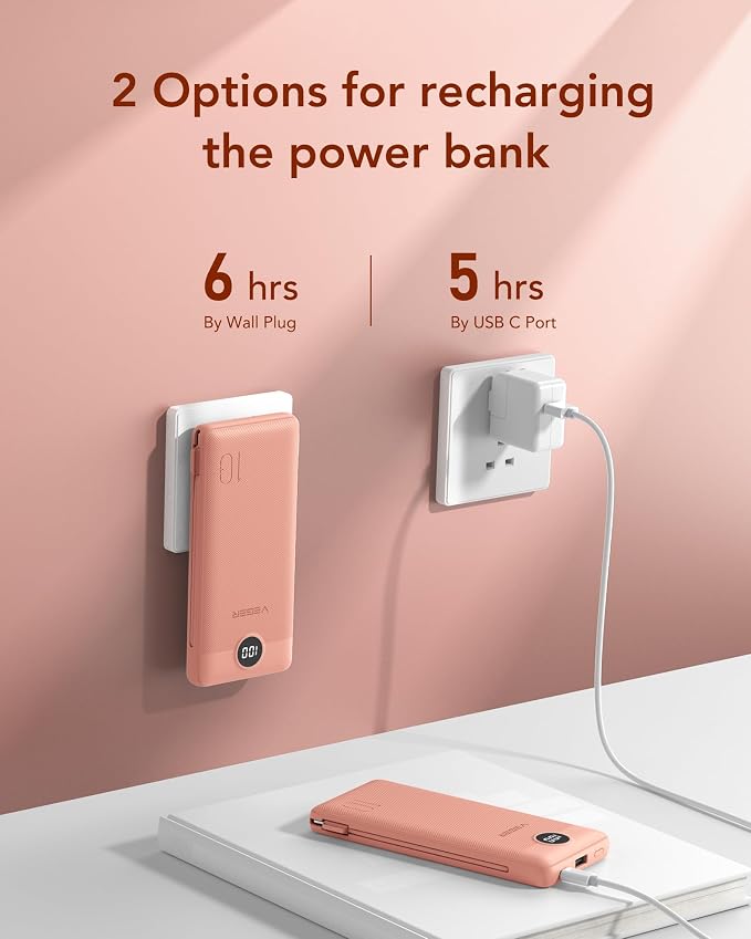 VEGER Portable Charger with Built-in AC Plug and Cables, All in One 10000mAh - Image 4