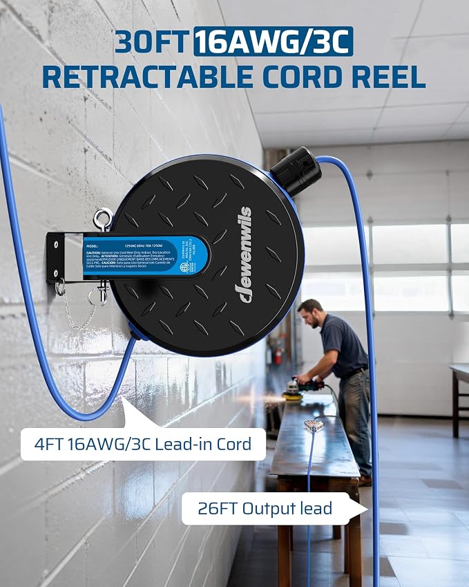 DEWENWILS 30FT Retractable Extension Cord Reel, Ceiling/Wall Mount 16/3 SJTW - Image 2