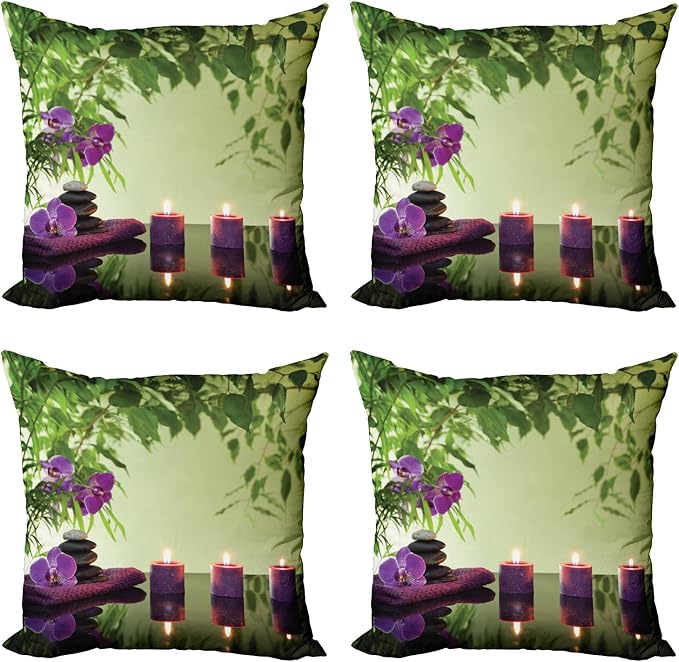 Ambesonne Spa Throw Pillow Cushion Case Pack of 4, Stones Aromatic Candles and by Ambesonne